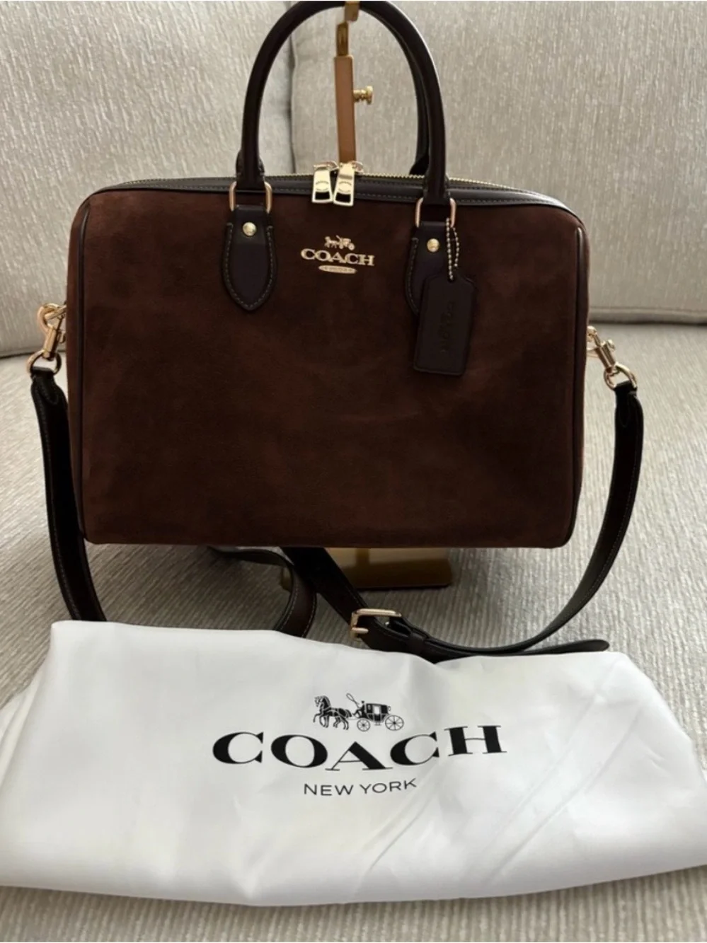 Coach Brown Suede Satchel with Dark Brown Leather Trim and Gold Hardware